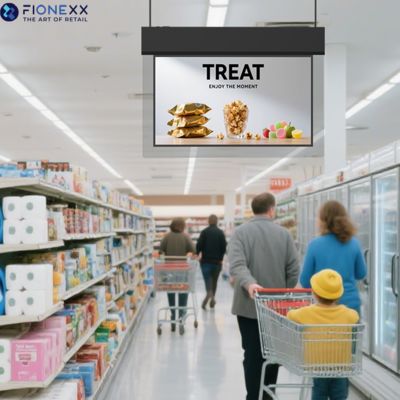 Buen precio Pantalla colgante de doble cara ultra delgada de 43 pulgadas, diseño horizontal con borde de vidrio en línea