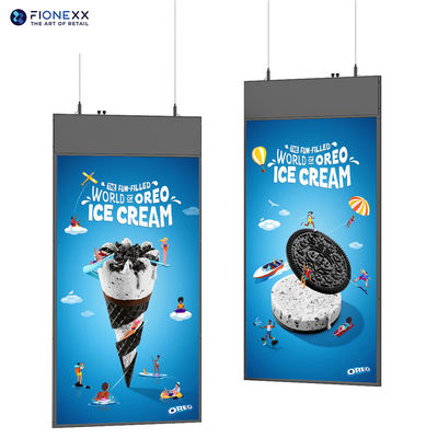 Buen precio Pantalla colgante de doble lado de 43 pulgadas Ultra Slim Pantalla de alta definición utilizada en tiendas y supermercados en línea